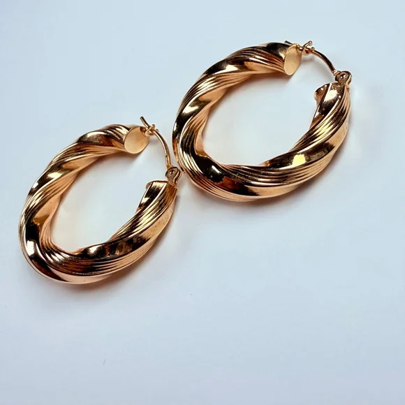14K Solid Yellow Gold Jacmel Mauritius 24MM Twist Textured Hoop Earrings JCM - Picture 4 of 8